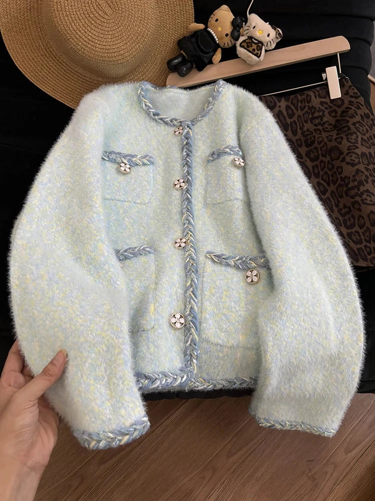 Faux Mink Cashmere Cardigan Coat Women Loose Sweet Long Sleeve Korean Knitted Jacket Sweater Fall Winter O Neck Cute Fashion Top voguable