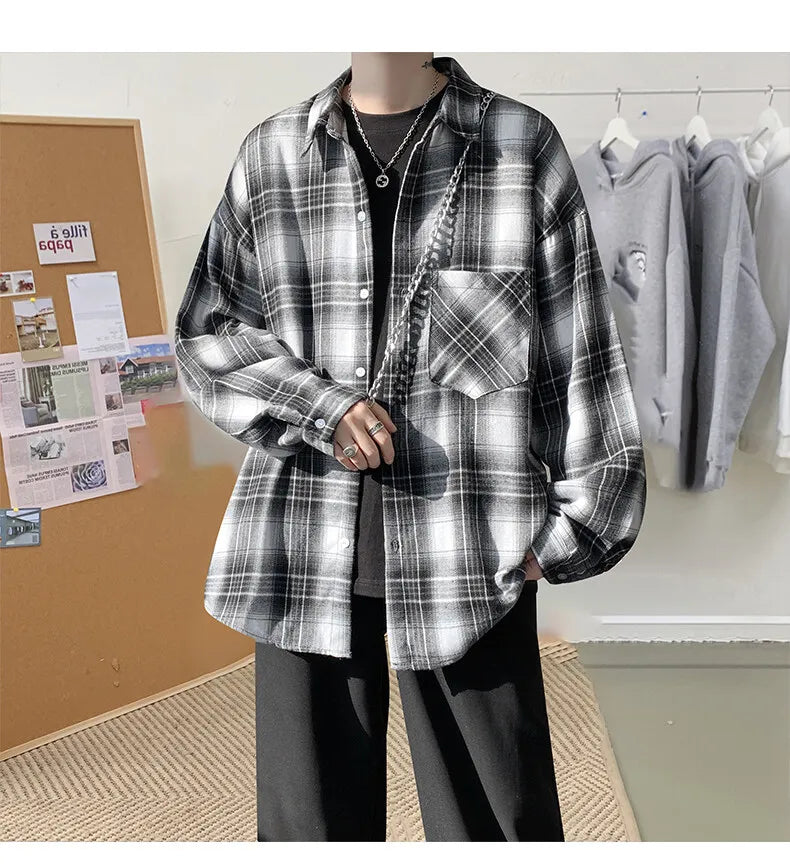 Harajuku Long Sleeve Plaid Shirts Men Big Size M-5XL Autumn Chic Loose Vintage High Street All-match Gentleman Camisa voguable