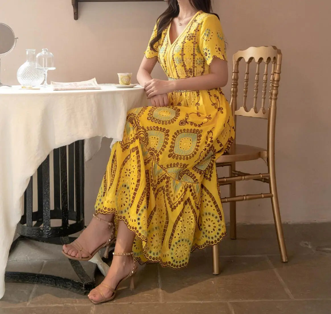 Voguable  Summer Vocation V neck Embroidery Hollow Out Hole Flower Midi Dress Woman Short Flare Sleeve Swing Beach Holiday Robe voguable