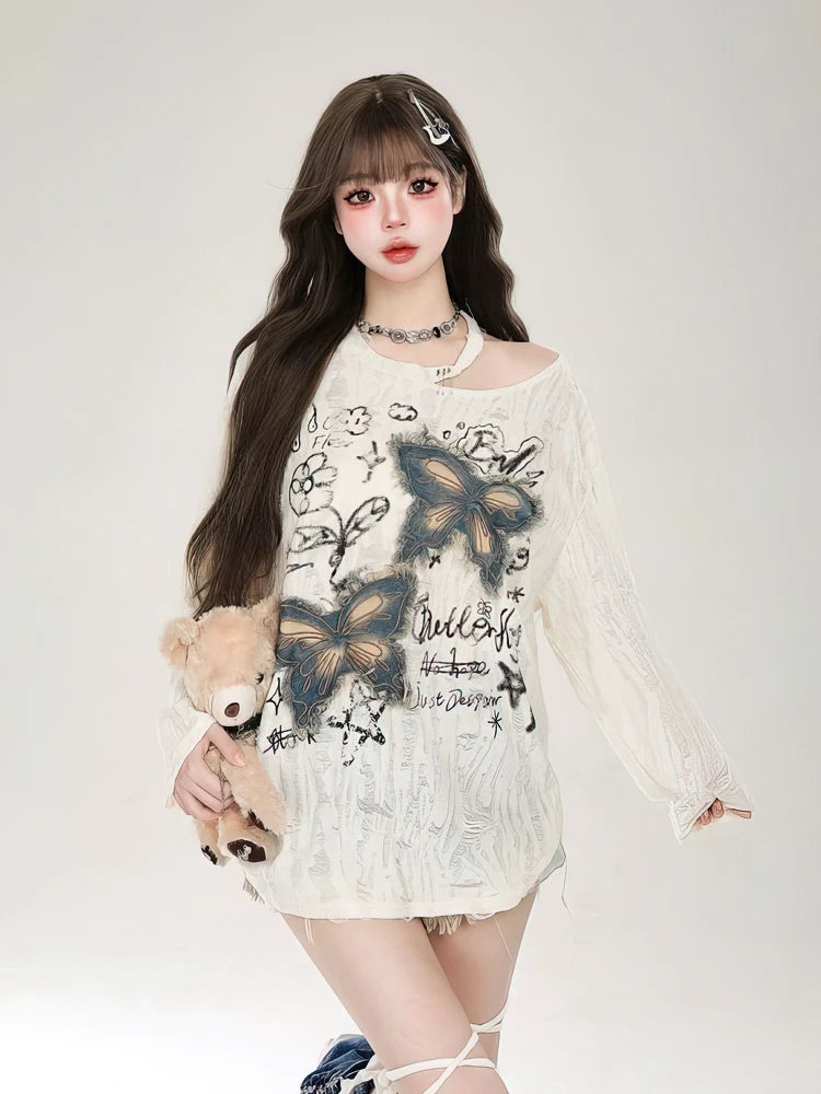 Y2k Holes Graphic Long sleeve T shirt Women Off shoulder Oversize Tops Female Spring Autumn Vintage s Basic Tees Streetwear voguable