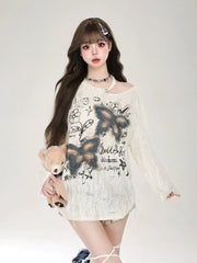 Y2k Holes Graphic Long sleeve T shirt Women Off shoulder Oversize Tops Female Spring Autumn Vintage s Basic Tees Streetwear voguable