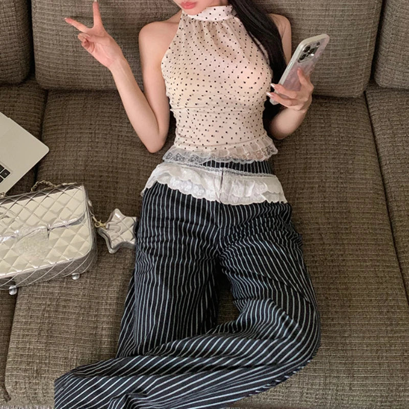 Voguable 2024 Summer New Streetwear Polka Dot Lace Patchwork Sexy Camisole Women + Contrast Color Striped Wide Leg Pants Two-piece Suit voguable