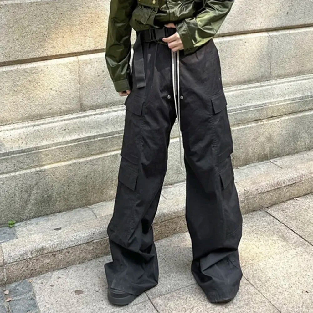 Style Wide Leg Drawstring Black Cargo Pants Unisex Straight Baggy Casual Overalls Men's Streetwear Loose Oversized Trousers