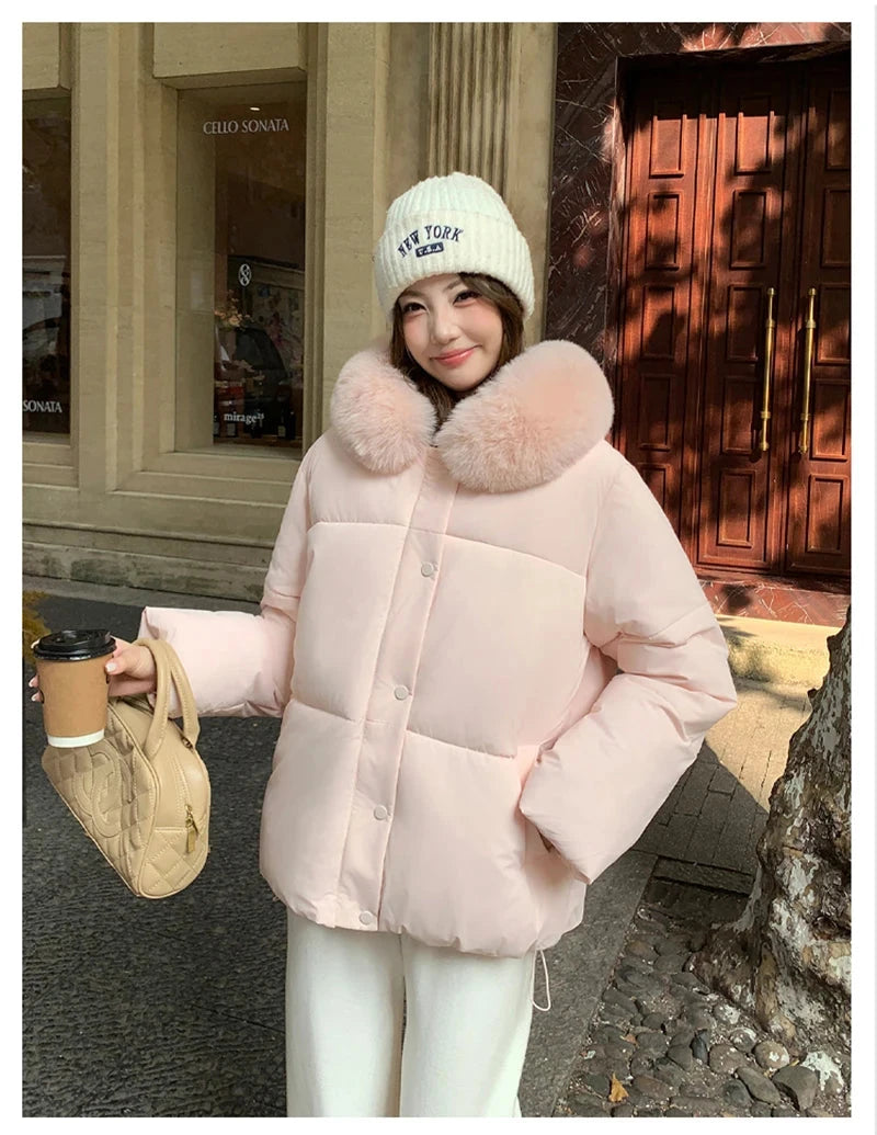 Preppy Style Sweet Parkas Women Cute Long Sleeve Vintage Faux Fox Hooded Cotton Coat Korean Winter Thick Warm New Outwear voguable