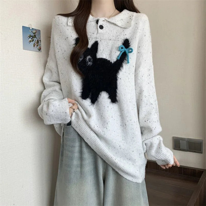 Cute Cartoon Bow Sweaters Women Loose Vintage Long Sleeve Kawaii Knitted Jumper Japan Casual Preppy Style Retro Pullovers voguable