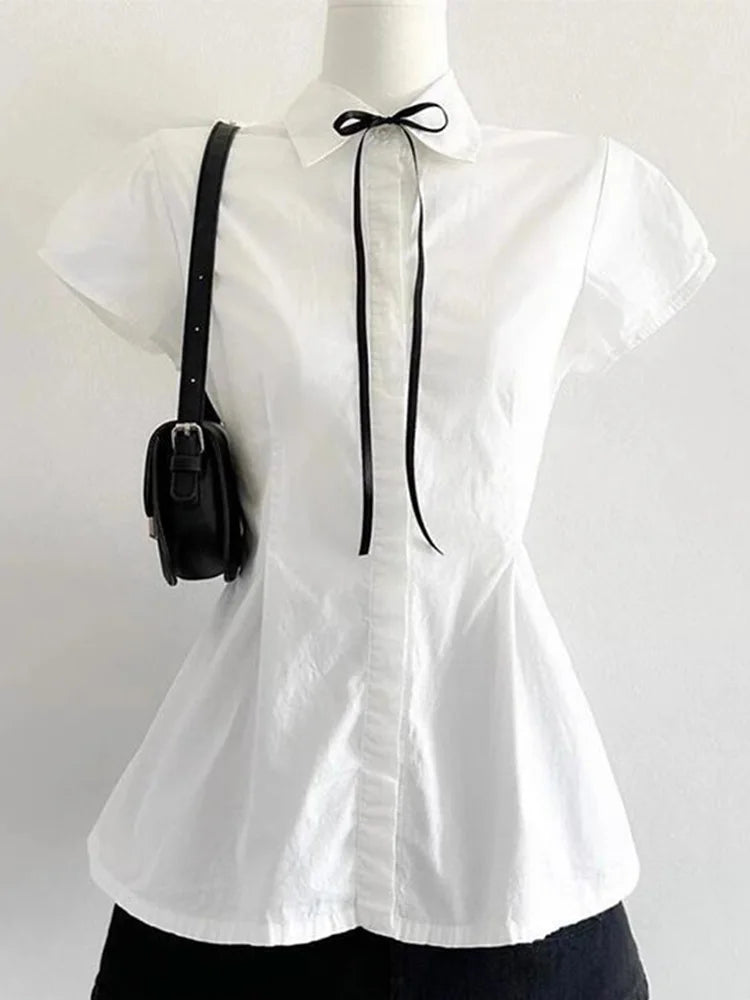 Back Bow White Shirt Women Slim Lace Up Elegant Blouse Vintage Casual Preppy Style Simple Short Sleeve All Match Tops New voguable