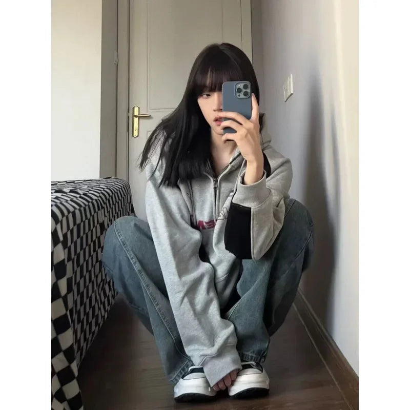 Vintage Oversize Zip Up Hoodies Women Streetwear Korean Fashion Harajuku Sweatshirt Hooded Baddie Clothes Graphic Hoodie voguable