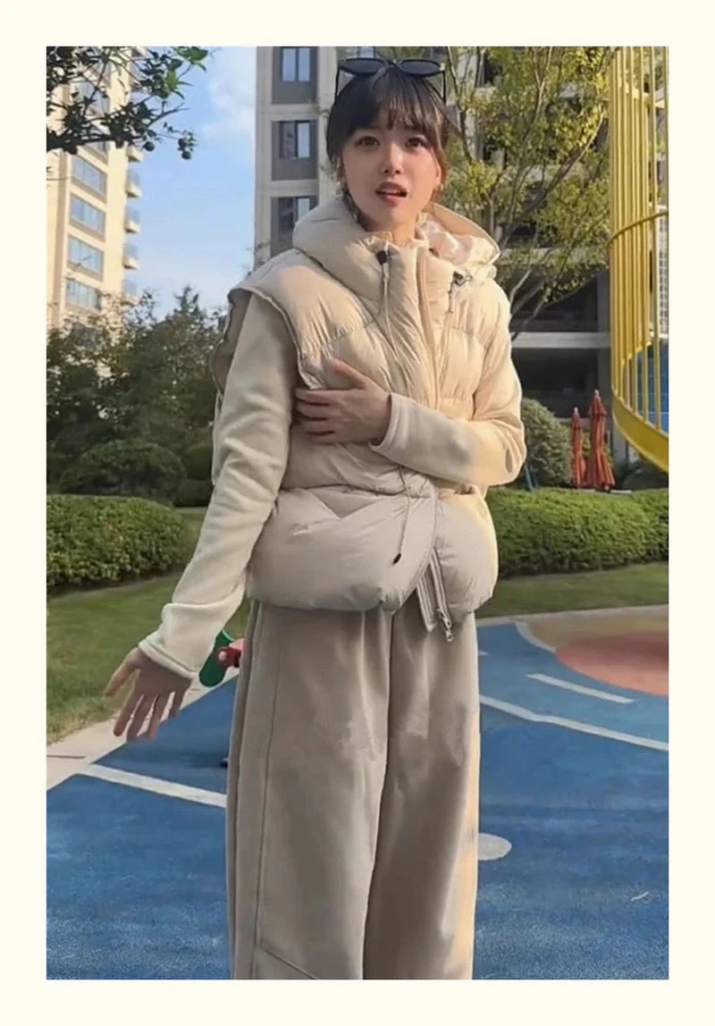 Vintage Y2K Puffy Vest Women Loose Sleeveless Warm Winter Cotton Vest Streetwear Casual Retro American Solid Hooded Vest voguable