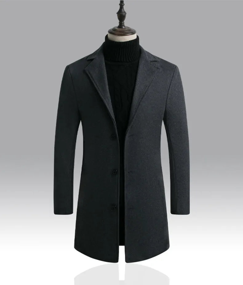 2023 Men Wool Blend Coat Autumn Winter New Casual Long Windbreaker Jacket Male Solid Color Single Breasted Trench Coat Jacket voguable