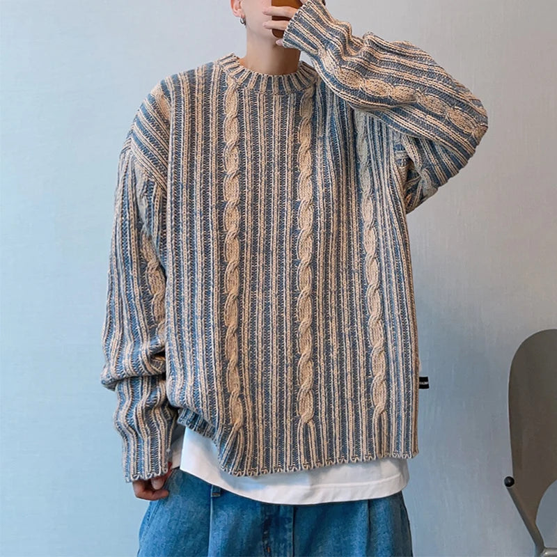 Voguable  Fashionable Striped Knitting Sweaters Men Autumn Streetwear Y2K Loose O Neck Long Sleeve Knit T-shirts Mens Vintage Sweater Tops voguable
