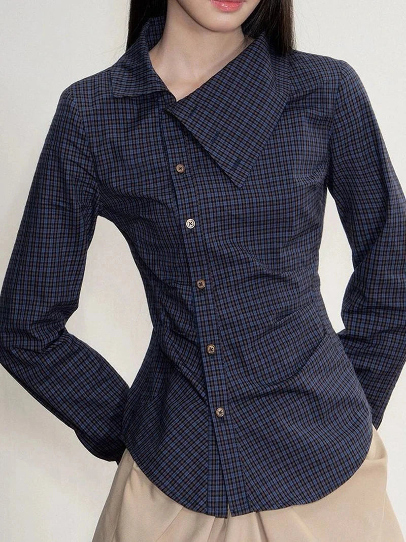 Vintage Slim Plaid Shirt Women Elegant Fall Long Sleeve Design Blouse Casual Preppy Style Female Retro Korean Sweet Tops voguable