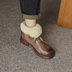 Winter New Women Ankle Boots Thick High Heels Warm Wool Snow Boots Genuine Leather Cross-Tied Popular Shoes Woman Casual voguable