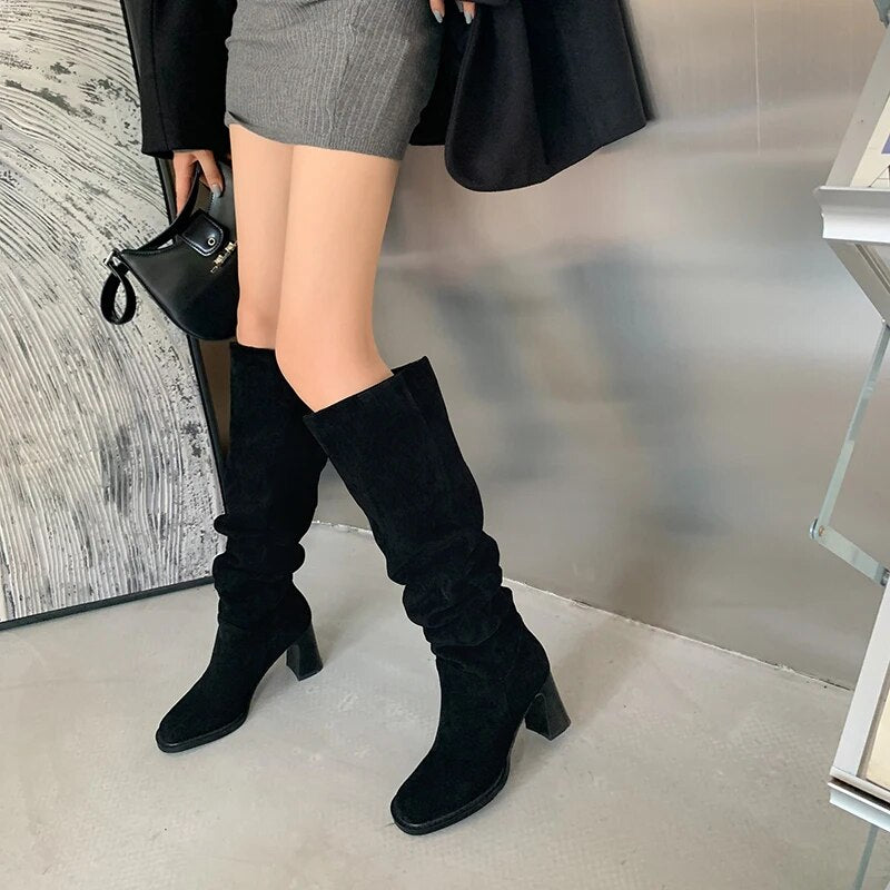 Suede Daily Botas Round Toe Autumn Winter Woman Boots Cowgirls Western Boots Woman Slip on Simple Pleated Knee-High Shoes voguable