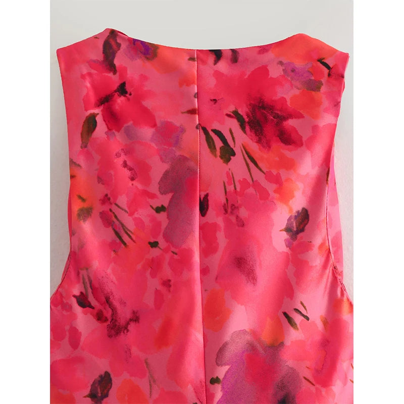 Voguable  Sexy Women Twisted Round Neck Sleeveless Floral Print Satin Dress Side Gathers Slit Hem Female Summer Long Dresses voguable