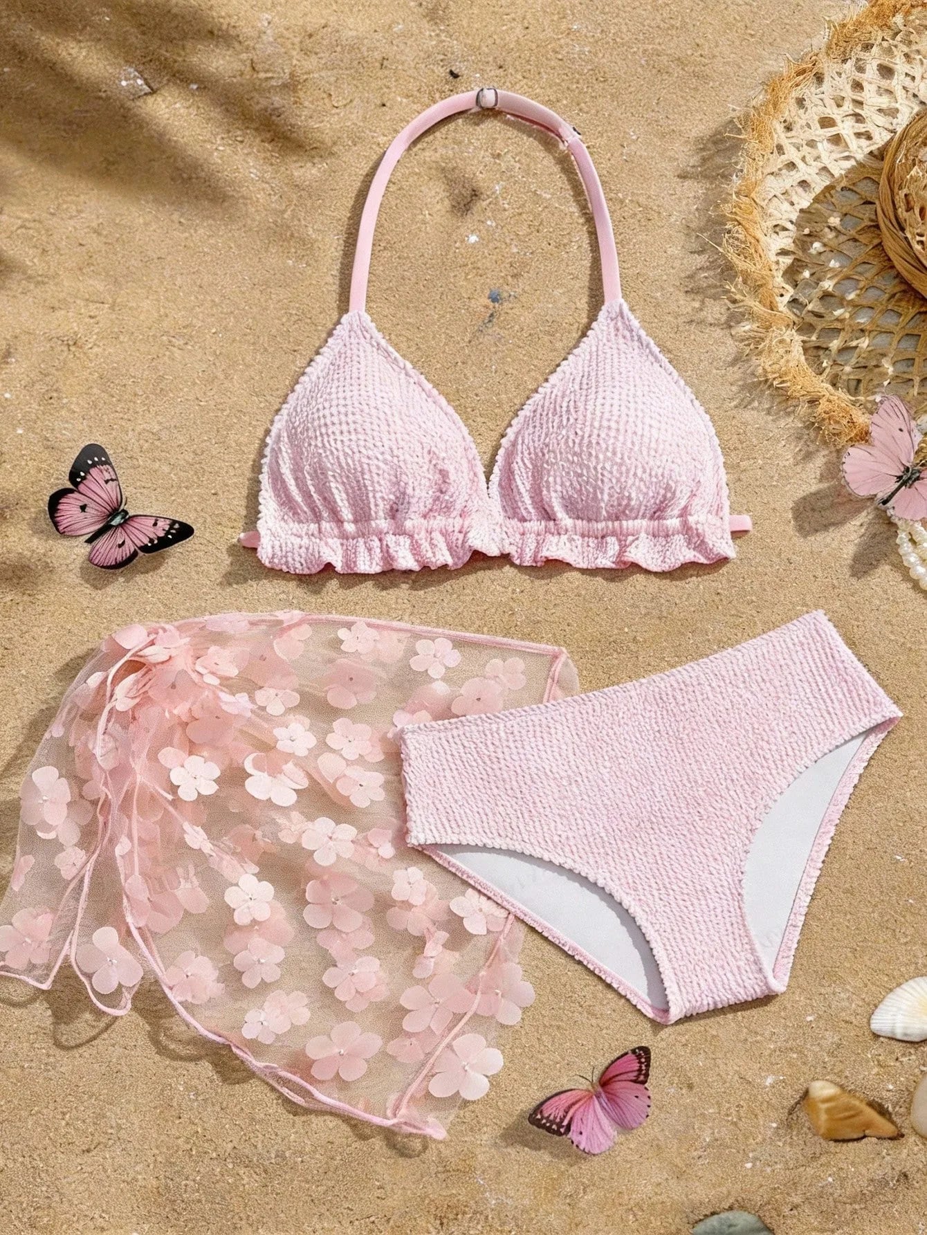 Voguable  Children Pink Crinkle 3-Piece Bikini Set with Halter Triangle Top & Floral Mesh Sarong Cover Up Beachwear Girl's Sportswear voguable