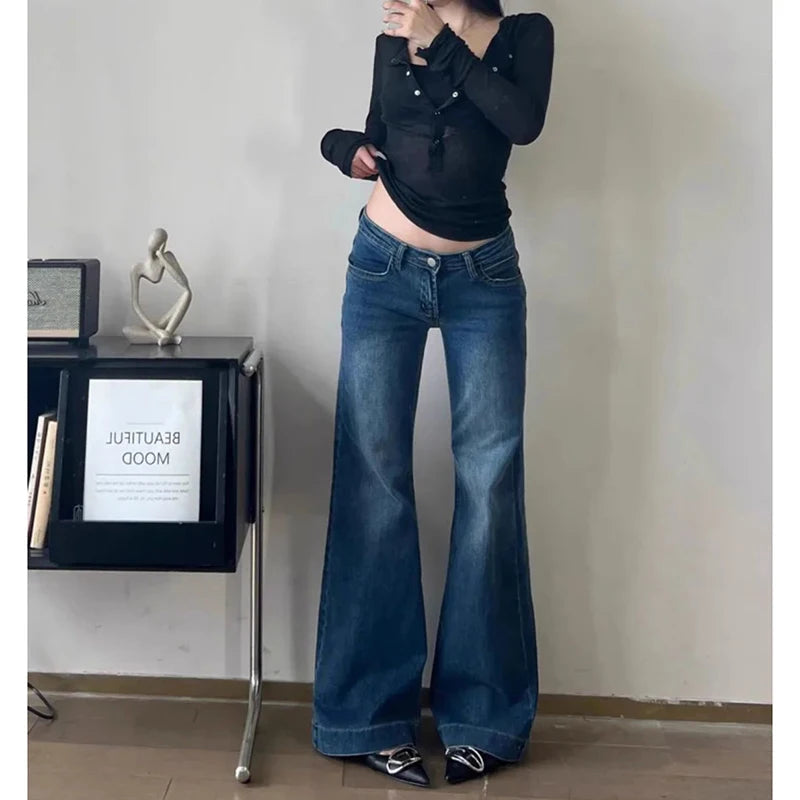 Voguable  Sexy Slim Fit Low Rise Jeans Women Y2K Street Style Straight Leg Flare Pants Woman American Vintage Dark Blue Denim Long Jeans voguable