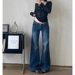 Voguable  Sexy Slim Fit Low Rise Jeans Women Y2K Street Style Straight Leg Flare Pants Woman American Vintage Dark Blue Denim Long Jeans voguable