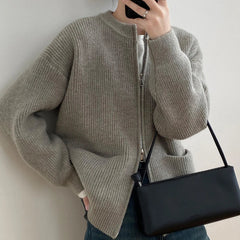 Sweater Cardigan Women Autumn Double Zipper Casual Korean Knitwear Coat Solid Color Loose Soft Long Sleeve Jackets Outerwear voguable