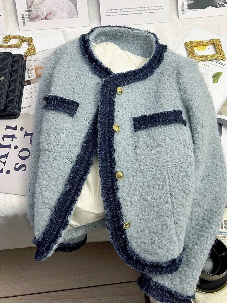 Sweet Thick Warm Tweed Jacket Women O Neck Long Sleeve Winter Cotton Coat Elegant Fashion Patchwork Korean Chic Outwear Top voguable