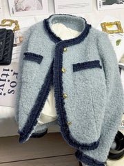 Sweet Thick Warm Tweed Jacket Women O Neck Long Sleeve Winter Cotton Coat Elegant Fashion Patchwork Korean Chic Outwear Top voguable
