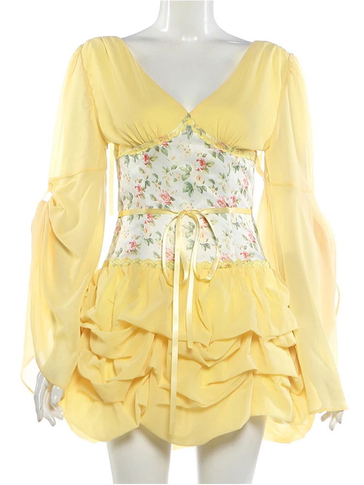 Voguable  Flare Sleeve Dress Women Patchwork Floral Print Puffy Hem Folds v-Neck Bandage Tassel Skinny Sweet Party Mini Bodycon voguable