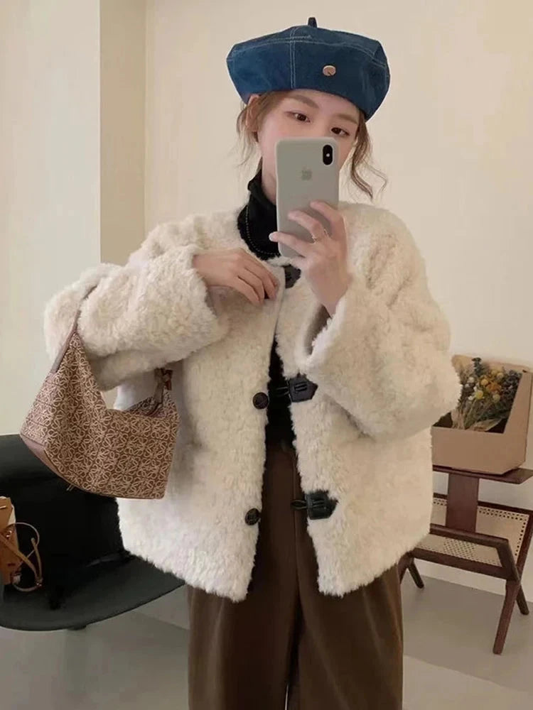 Korean Winter Faux Lamb Coat Women Slim Long Sleeve Warm Sweet Jacket Preppy Style Casual O Neck Female Cute Solid Tops New voguable