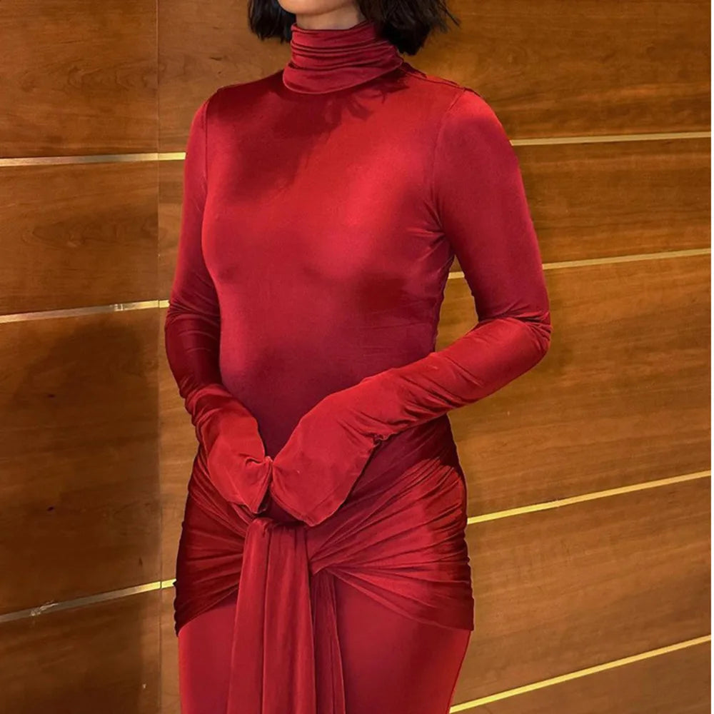 Articat High Neck Long Sleeve Bodycon Dress Women's Tight Elastic Lace Up Maxi Long Dress Autumn  New Party Club voguable