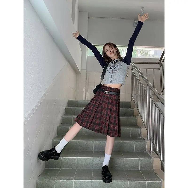 Women Pleated Plaid Skirt Vintage Preppy Style Mid Length Skirt Harajuku Korean Fashion Retro Japanese Classic Basic voguable