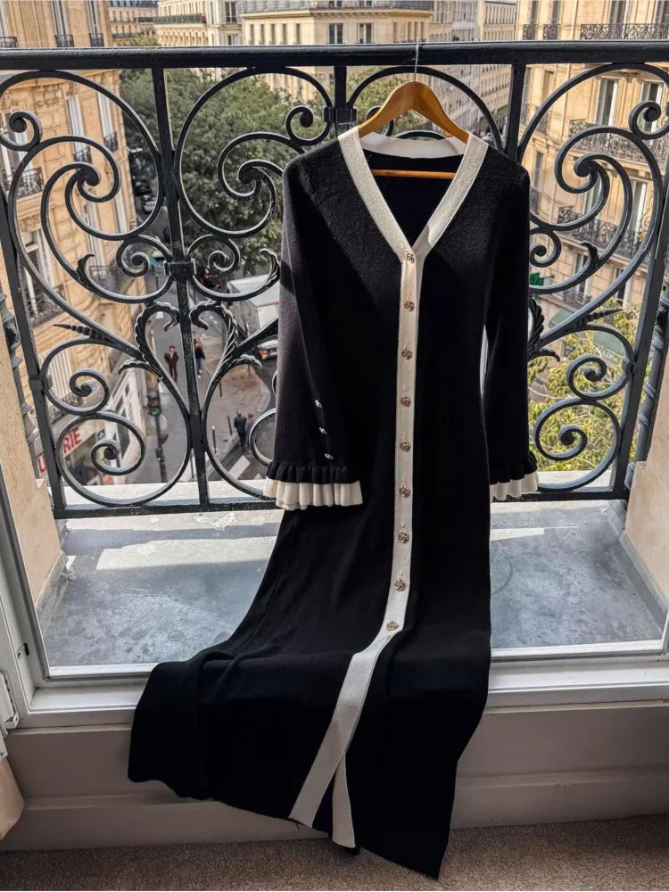 Winter Autumn Single Breated Elegant Knit Dress V-neck Flare Sleeve Patchwork Black Women Dress Chic Fashion Woman Cloting voguable