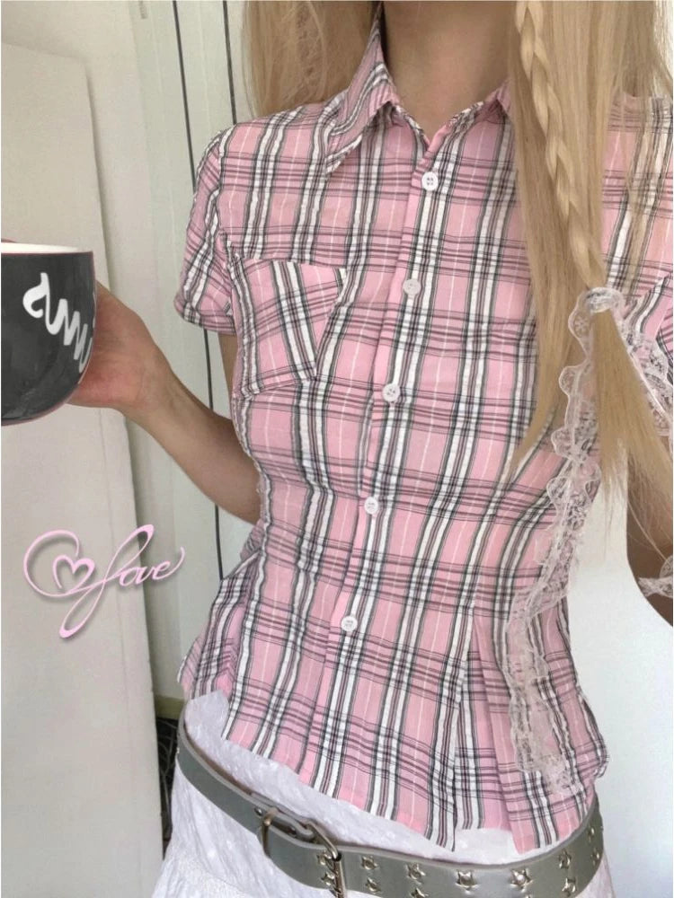 Voguable  Japanese Blouse Women Pink Plaid Slim Tops Harajuku Y2K Short Sleeve Shirt Summer New Vintage Elegant Sexy Shirts voguable