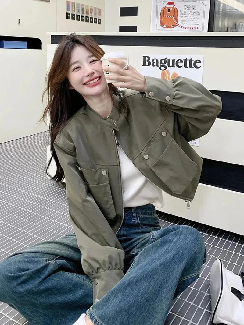 Streetwear Y2K Cropped Cargo Jacket Women Vintage Loose Pockets Harajuku Short Coat American Casual Fall O Neck Long Sleeve Tops voguable