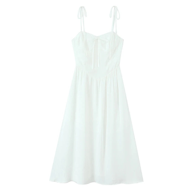 French Retro Floral Print Bow Sexy Spaghetti Straps Dress Women Elegant A-line Midi Casual Summer Dresses Holiday Robe voguable