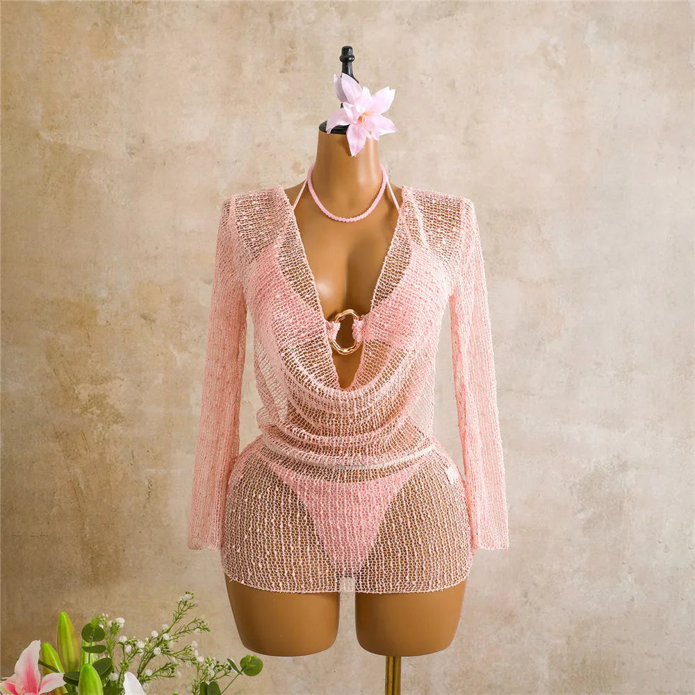 Voguable  Halter String Triangle Bikinis Sets 3 Pieces white mesh sequin long sleeve smock Swimwear Micro Thong Sexy Swimsuit Women voguable