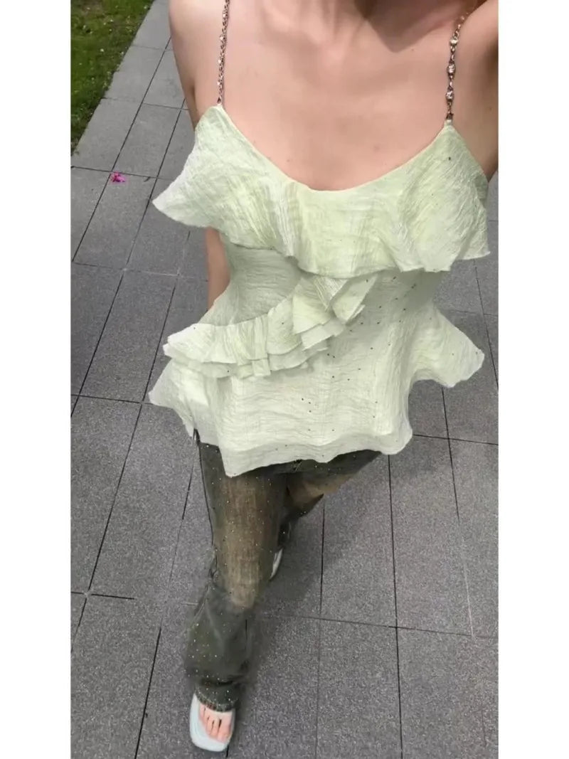 Spicy Girl Fashion Irregular Suspended Tank Top Women Sleeveless Collarbone Ruffle Edge Splice Solid Slim Summer Ribbons Wear voguable