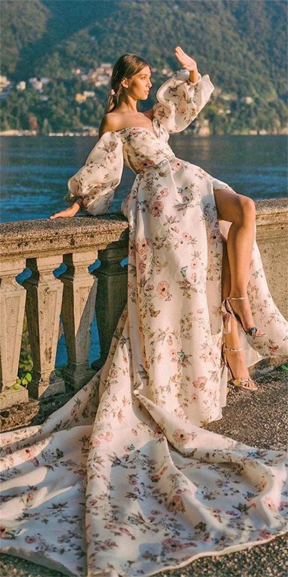 Voguable   Gorgeous Long Sweep Train  Flower Print Prom Gown Sweetheart Prom Dress Princess Side Split voguable