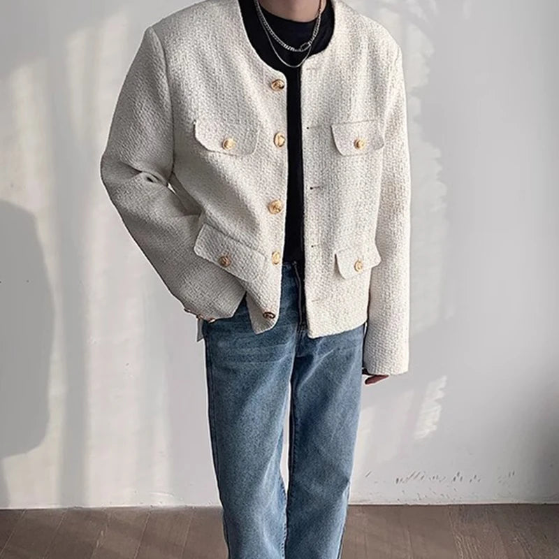 Korean Style Fashionable Tweed Round Neck Jacket Men Japanese Trendy High-end Single-breasted Short Jacket with Temperament voguable