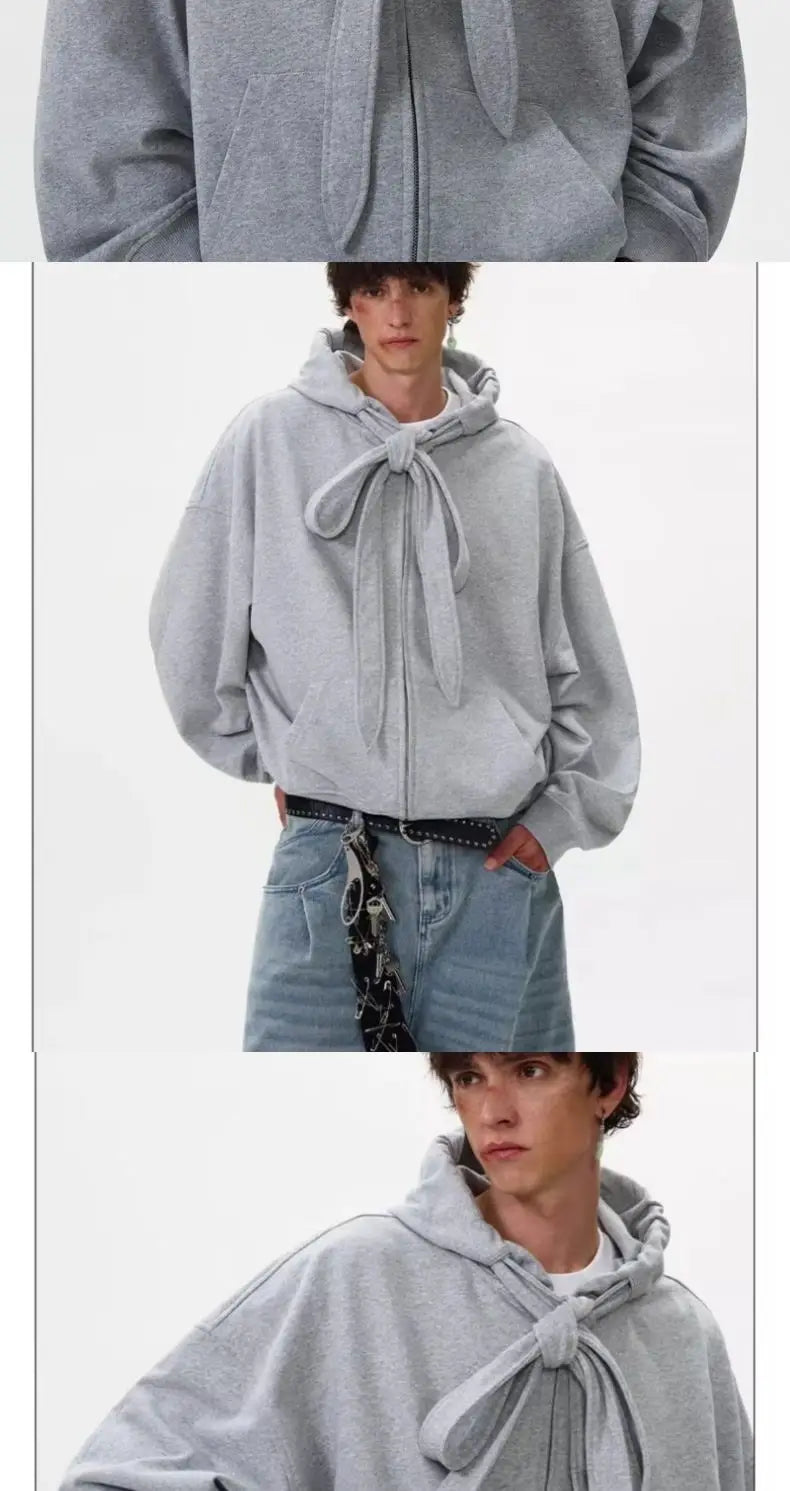 American solid strap design hooded sweatshirt cardigan men's autumn winter new coat couple tops loose versatile jacket voguable