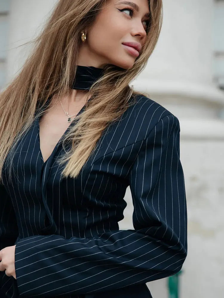 Elegant Female Striped Suit Coat For Women Scarf Lace-Up Patchwork V-Neck Long Sleeve Luxury Outwear Female Jackets Coat voguable