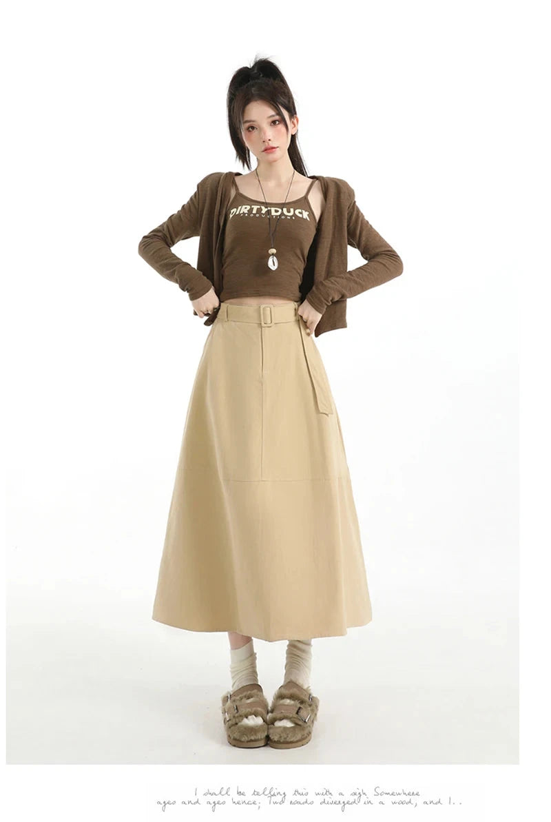 Retro Belt Long Skirt Women Casual Sweet High Waist A Line Skirts Preppy Style Fall Winter Lady Korean Vintage Long Skirts voguable