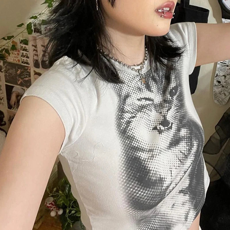 y2k Crop Top Cute T Shirt Women Summer Cat Print Round Neck Short Sleeve Baby Tee Graphic Clothes 2000s Streetwear voguable