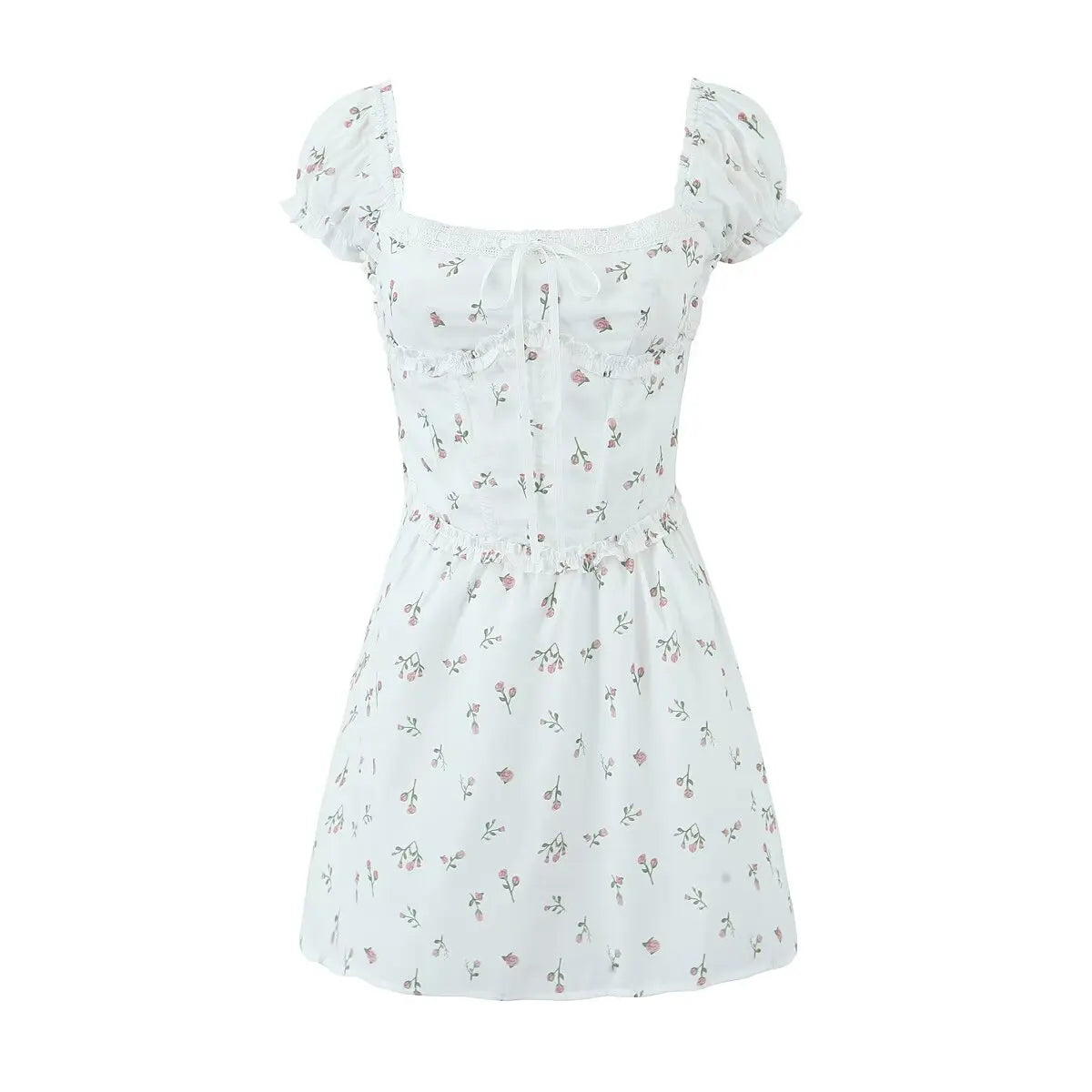 Women Sexy Elegant Pink Mini Dress Vintage Puff Sleeve Slim Low Waist Holiday Party Dresses Lacing Up Back Summer Robe voguable