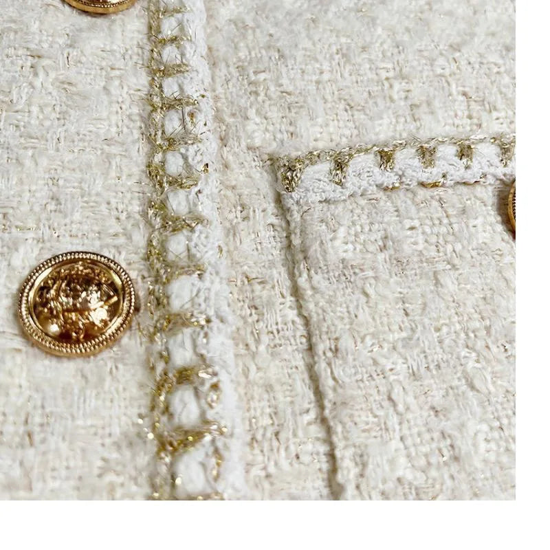 Chic White Tweed Jackets Women Korean Long Sleeve Sweet Coat Fashion O Neck Elegant Casual Female All Match Outwear Tops voguable