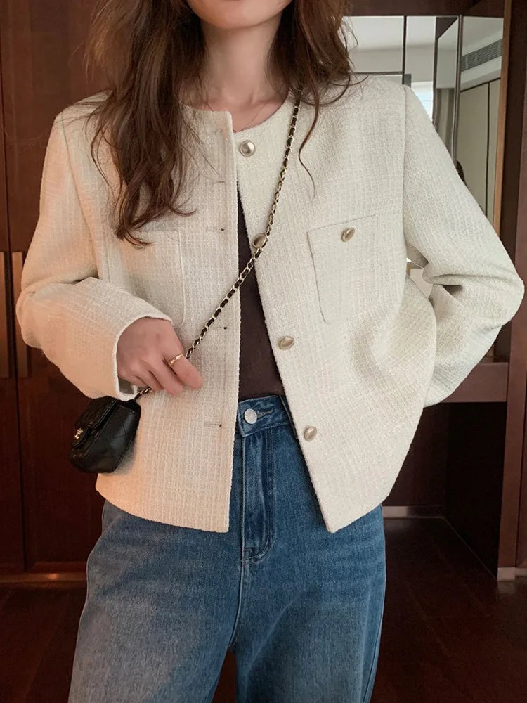 Elegant Chic Tweed Jacket Women O Neck Slim Long Sleeve Fashion Short Coats Casual French Sweet Small Fragrance Outwear Lady New voguable