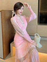 V-neck Lantern Sleeve Lace Stitching Midi Dress Female Clothing Slim Party Dresses For Women Elegant 2025 Summer New voguable
