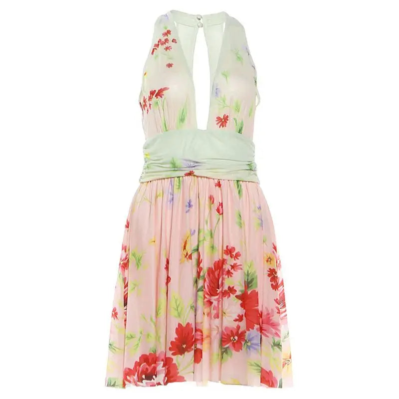 Voguable  Spring Garden Atmosphere Floral Printed Deep V-neck Dress Women's Waistband A-line Dress Fashion Stylish Elegant Women Clothing voguable