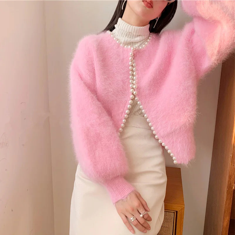 Imitation Mink Soft Women's Cardigan Temperament Pearls Detor Crew Neck Cardigan Woman Autumn Winter Long Sleeve Outwear Lady voguable