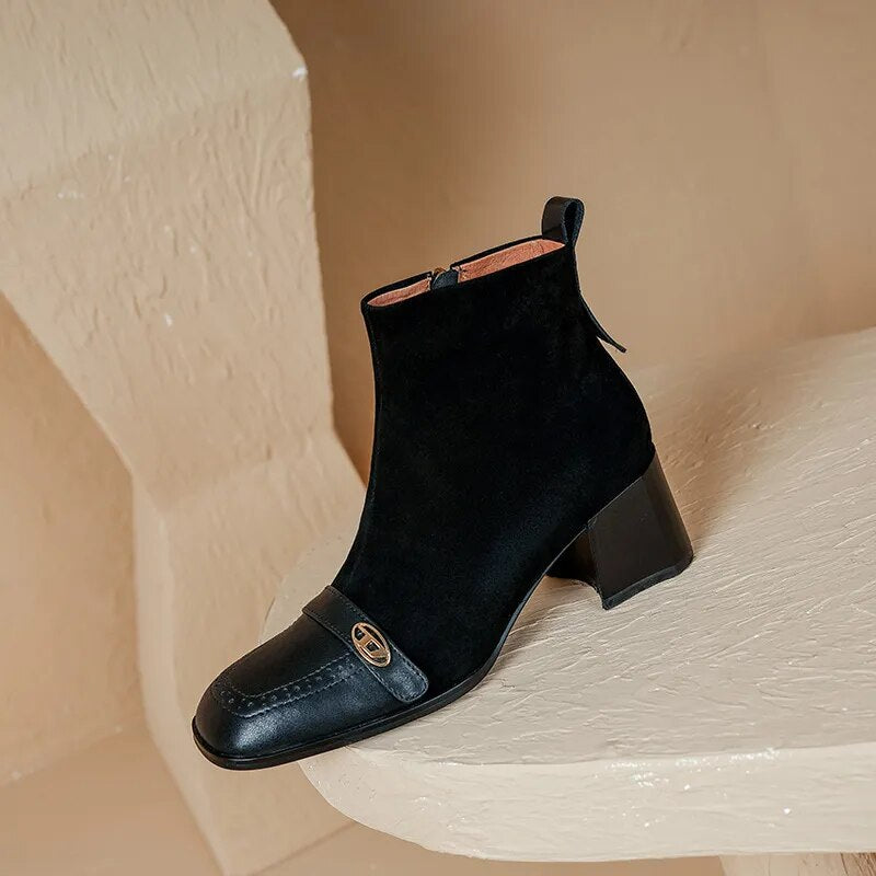 New Winter Women Boots Square Toe Chunky Heel Boots Genuine Leather Sheep Suede Leather Shoes for Women Retro Ankle Boots voguable