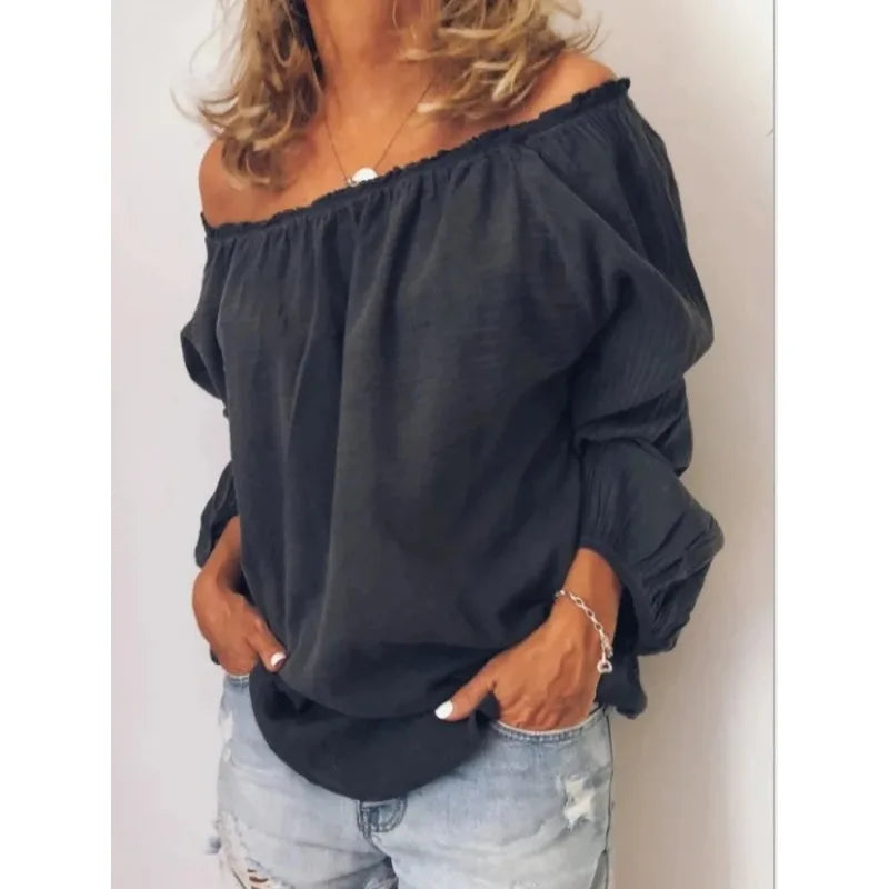 Voguable  Oversized Off Shoulder Casual Slash Neck Pleated Solid Color Long Sleeved Blouse Spring  Lightweight Loose Simple Women's Shirt voguable