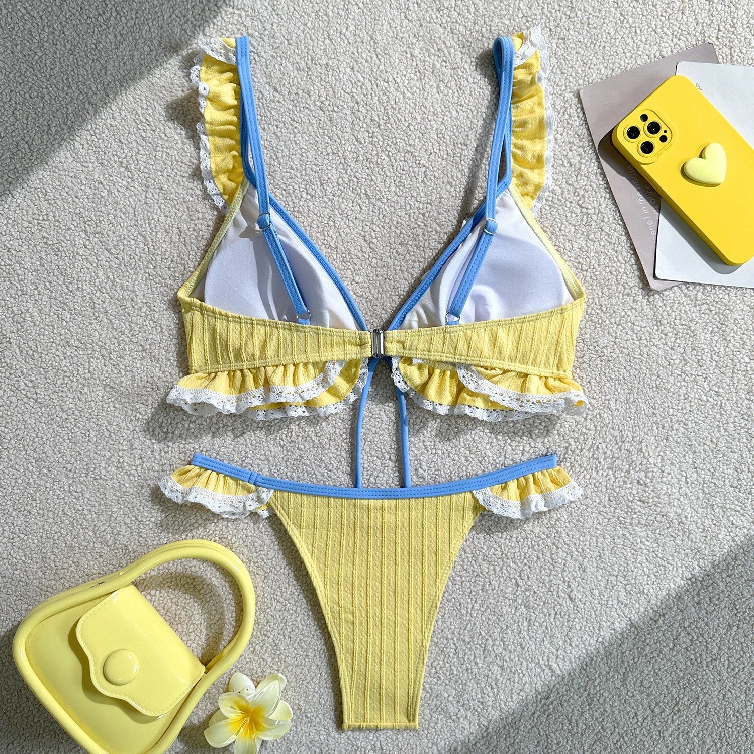 Voguable  Women Solid Ribbed Textured Bikini Set with White Lace Ruffle Trim Lace-up Straps Tie Front 2 Piece Swimwear Outfit Bathing Suit voguable