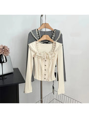 Autumn Women French Vintage Aesthetic Long Sleeve T-Shirts Mori Girl Lace Coquette Square Collar Crop Tops Maillard Fairy Core voguable